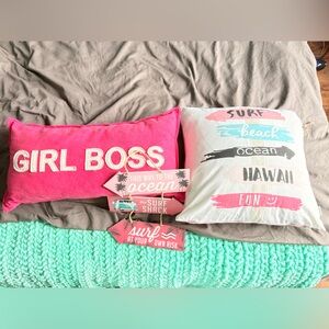 Pink 'Girl Boss' Pillow and Surf Themed Cushion